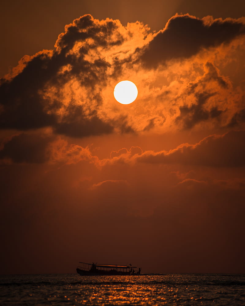 sea, horizon, ship, sunset, sun, clouds, HD phone wallpaper