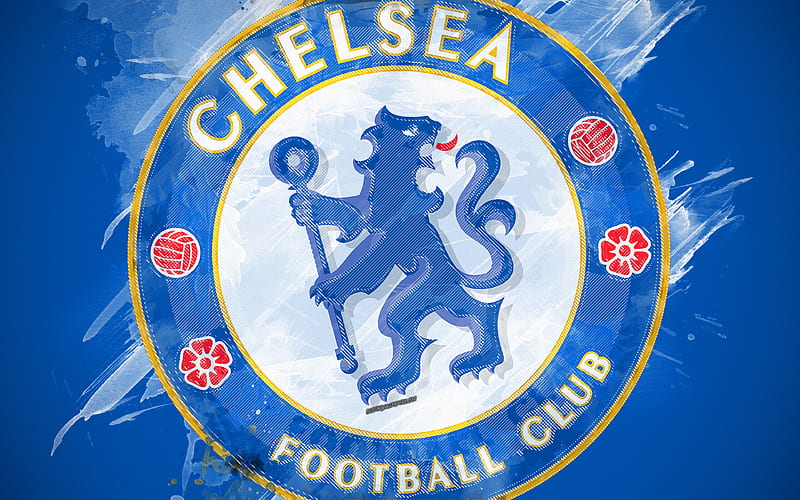 Chelsea FC paint art, logo, creative, English football team, Premier League, emblem, blue background, grunge style, London, England, football, HD wallpaper