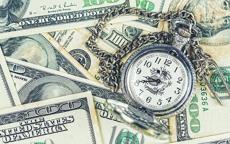 time is money, Pocket Watch on dollars, old watch, finance concepts, business, money, american dollars, HD wallpaper