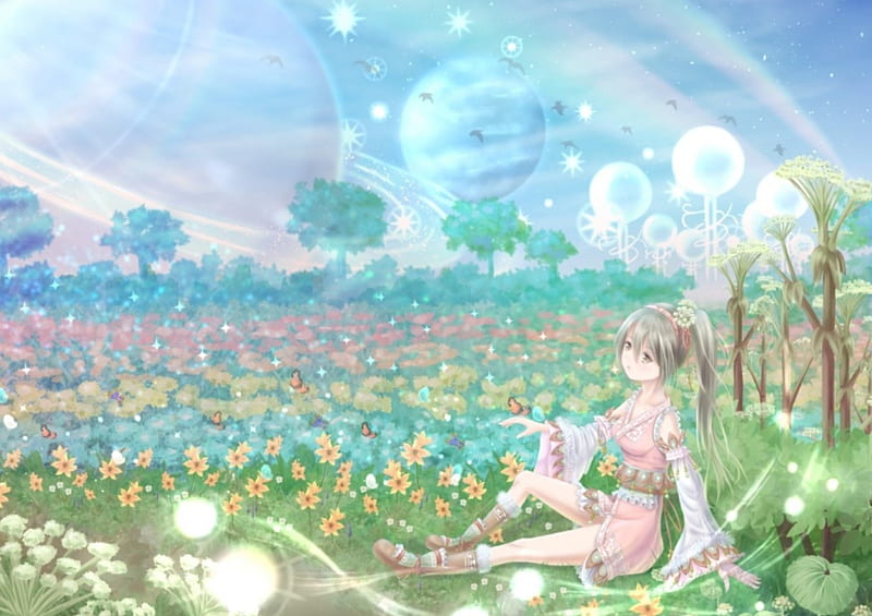 Outspace Garden, pretty, dress, grass, yellow, bonito, woman, clouds, sweet, green, anime, flowers, beauty, anime girl, pink, autiful, blue, art, moons, female, lovely, soft, sky, girl, planet, garden, lady, white, field, landscape, HD wallpaper