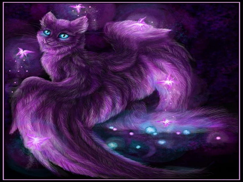 PURPLE FAIRY CAT, wings, purple, cat, eyes, fairy, blue, HD wallpaper