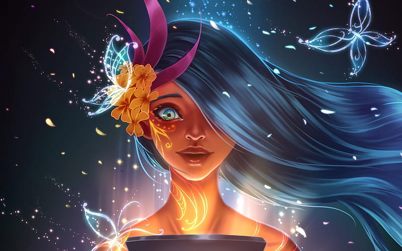 Fantasy, Women, Aqua Eyes, Blue Hair, Flower, Girl, Long Hair, Woman, HD wallpaper