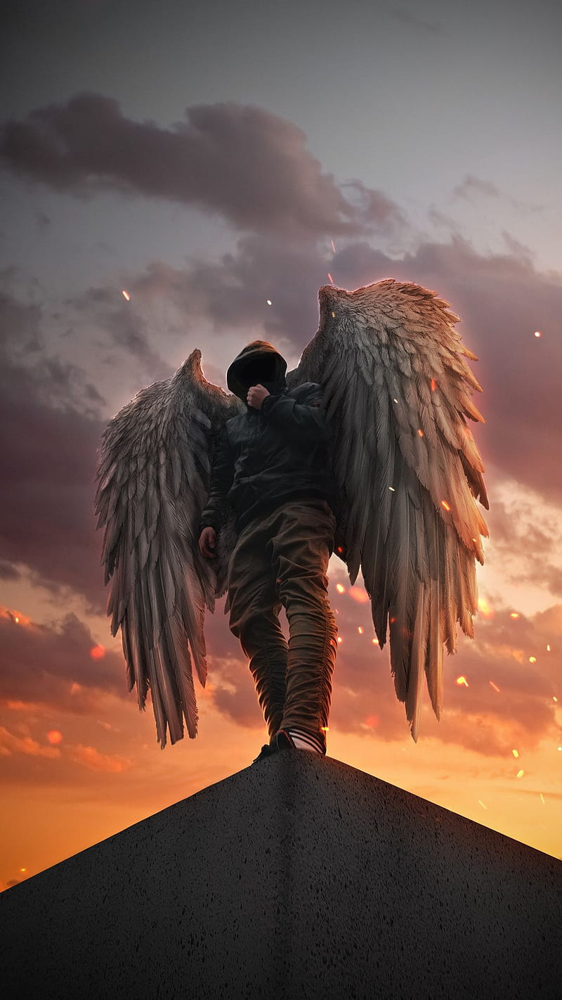 An angel, sky, angels, wings, dark, on the roof, male, HD phone wallpaper