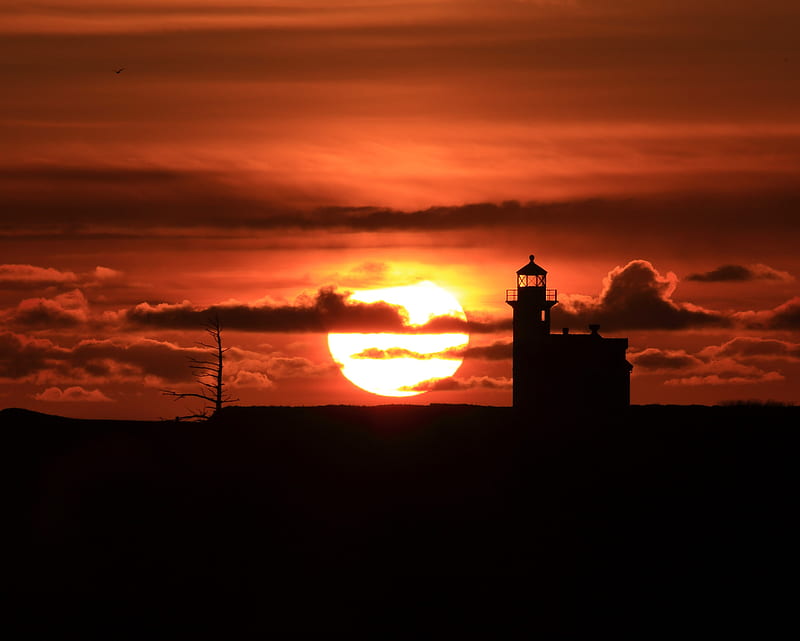 Lighthouse, cloud, dark, shadow, sunrise, sunset, HD wallpaper
