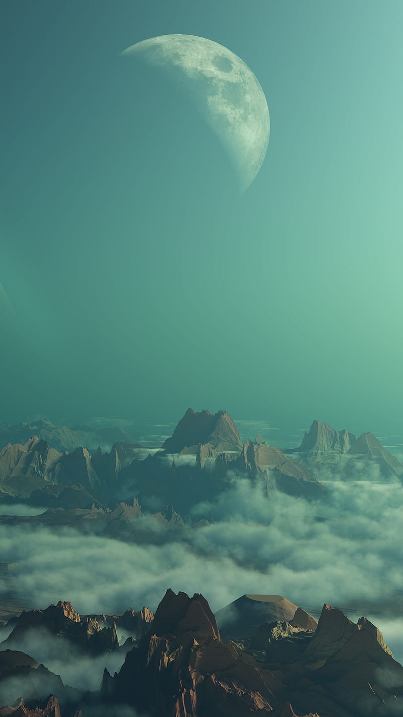 Mountains, art, blue, cloud, color, moon, mountain sky, white, HD phone wallpaper