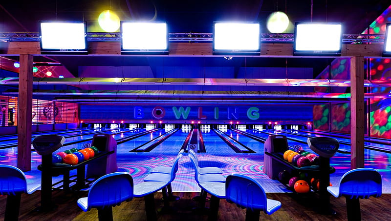 Bowling, lanes, bowling balls, pins, night bowling, HD wallpaper