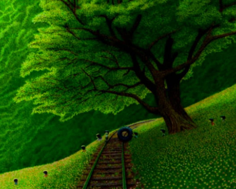 Long Way, art, tree, railway, green, HD wallpaper