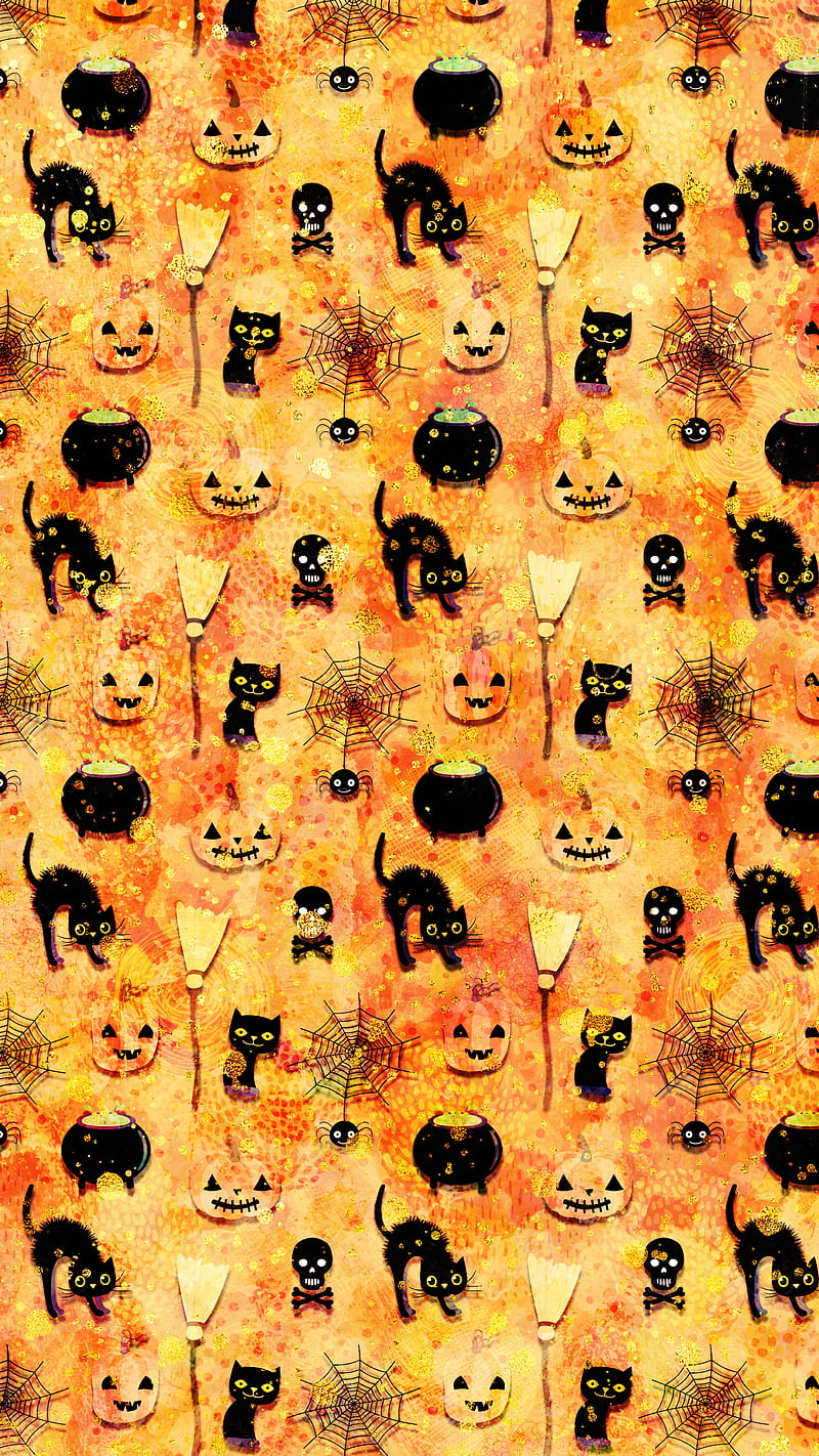 Cute Halloween Pattern, Adoxali, Jack O Lantern, Jack O'Lantern, October, autumn, black, broom, cat, cauldron, celebration, day of the dead, dots, fall, fun, funny, glitter, gold, holiday, illustration, kawaii, kitty, orange, poison, scary, skull, spooky, treat, trick, yellow, HD phone wallpaper