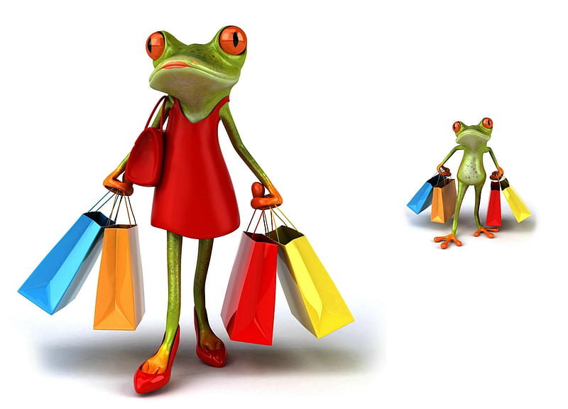 Shopping day, red, colorful, shopping, bag, yellow, frog, green, funny, blue, HD wallpaper