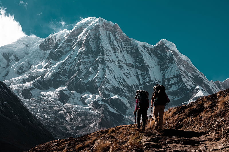 mountain, peak, tourists, trekking, nature, HD wallpaper