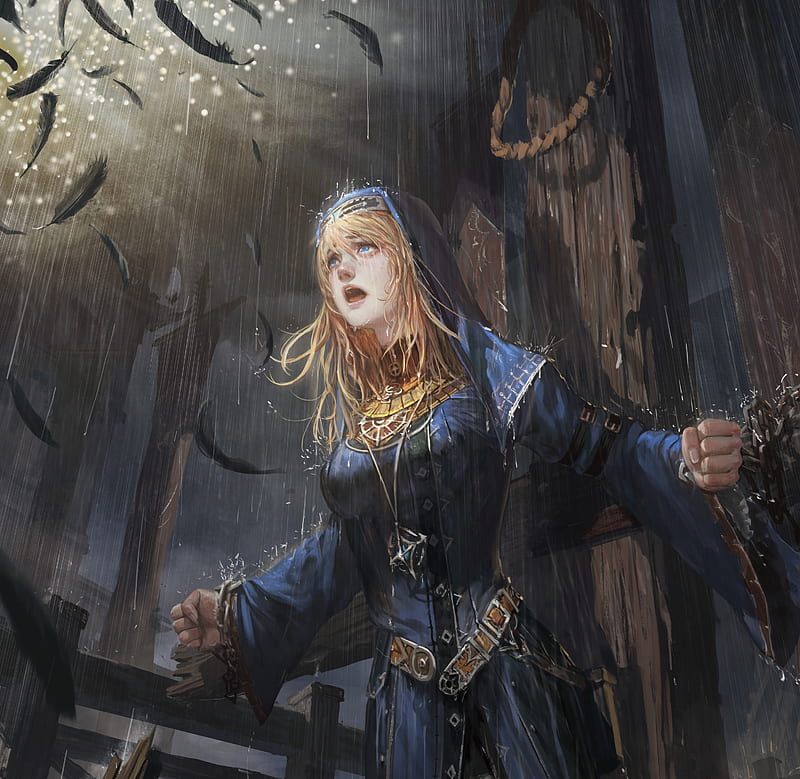 legend of the cryptids, crying, feathers, raining, blonde, anime games, blue eyes, Anime, HD wallpaper