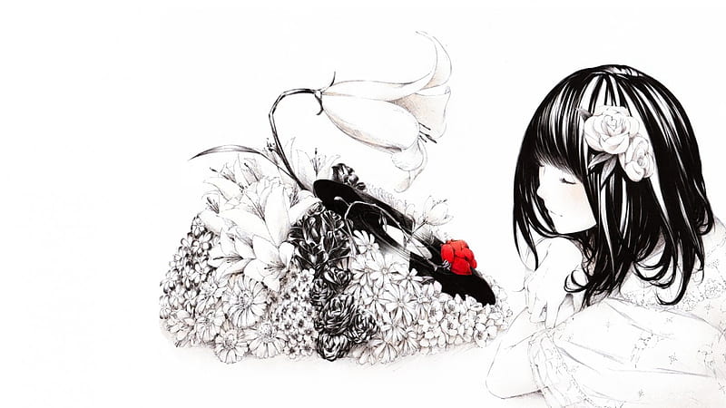 music of Nature, cute girl, rose, music, black and white, red rose, girl, anime, flowers, nature, black hair, record, HD wallpaper