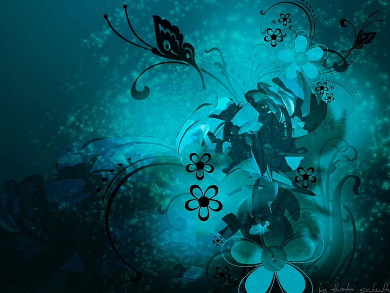 TEAL ABSTRACT, flowers, teal, butterfly, abstract, HD wallpaper