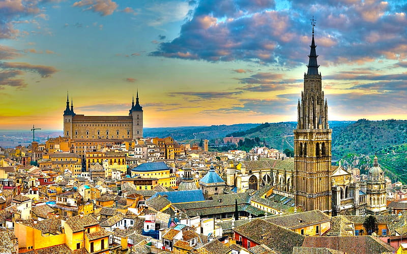 Toledo, Alcazar of Toledo, Toledo Cathedral, Primate Cathedral of Saint Mary of Toledo, R, evening, sunset, cathedral, Toledo cityscape, Spain, HD wallpaper