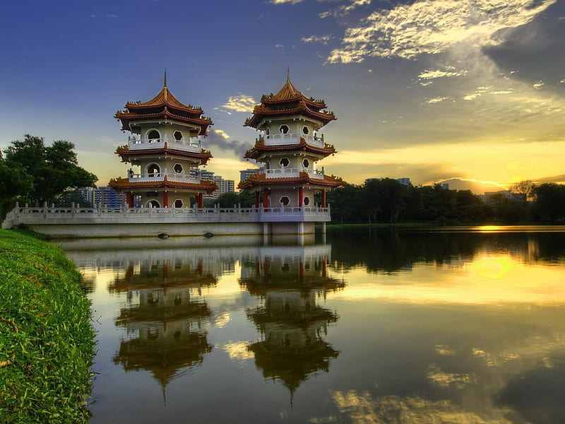 Chinese pagoda, architecture, pagoda, chine, river, sunset, sky, HD wallpaper