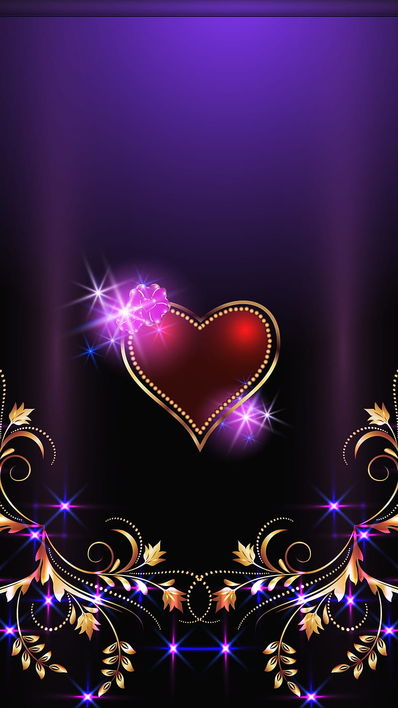 Abstract, art design, edge, flowers, gold, heart, love, pink, purple, s7, s8, HD phone wallpaper