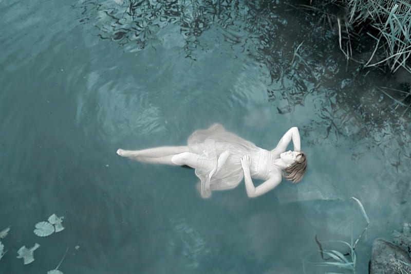 Mermaid, relax, bonito, magic, lake, leaves, water, girl, body, beauty, HD wallpaper