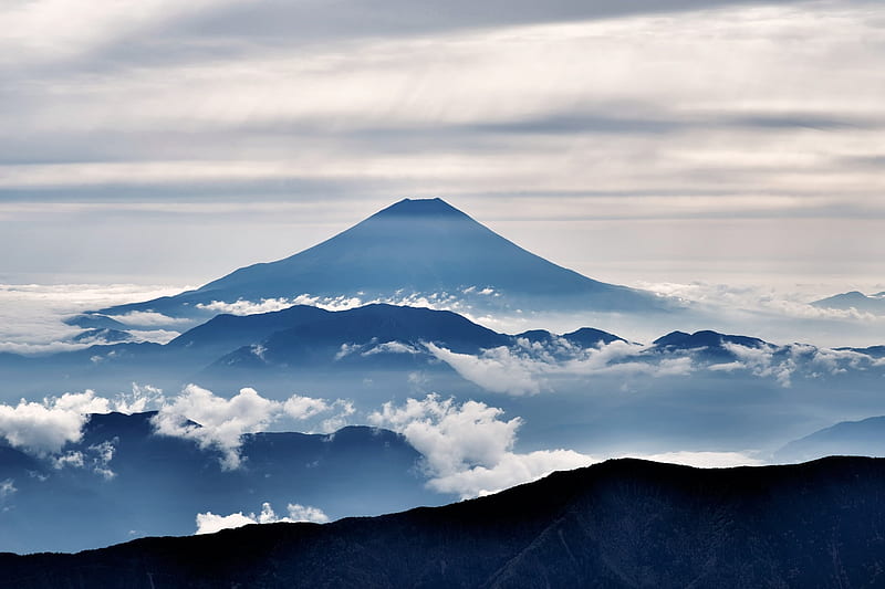 Mount Fuji, volcano, silhouette, clouds, nature, sky, fuji, HD wallpaper