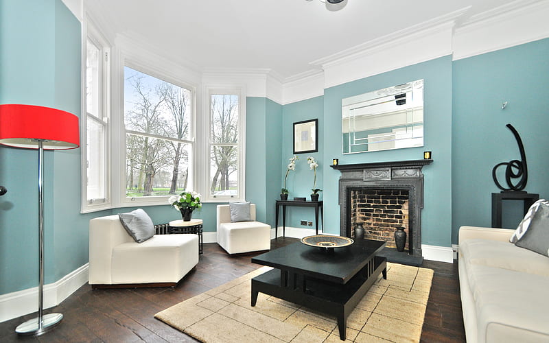 living room, blue design, old apartment, blue room, interior idea, modern design, HD wallpaper