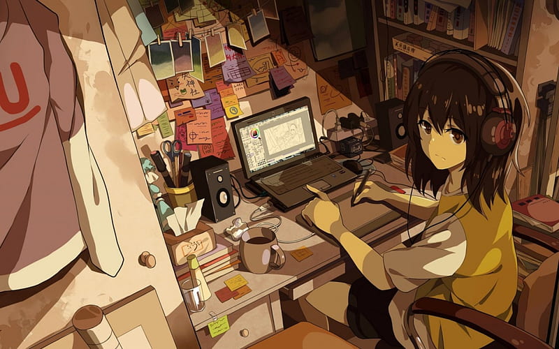 Working on a Drawing, art, brown hair, headphones, laptop, unifrom, short hair, drawing, anime girl, papers, working, HD wallpaper