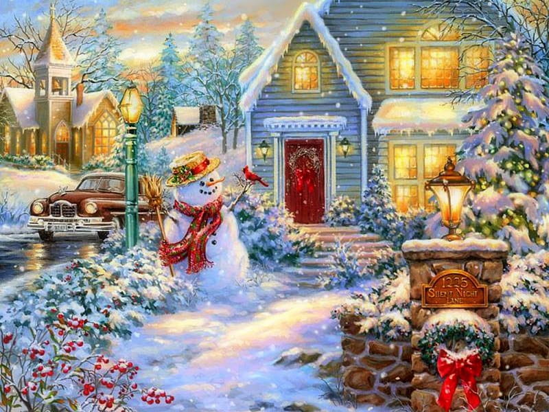 ★Welcome to Christmas★, pretty, Christmas, holidays, bonito, xmas and new year, paintings, churches, light, lovely, houses, lamps, white trees, colors, love four seasons, creative pre-made, snowman, winter, snow, winter holidays, HD wallpaper