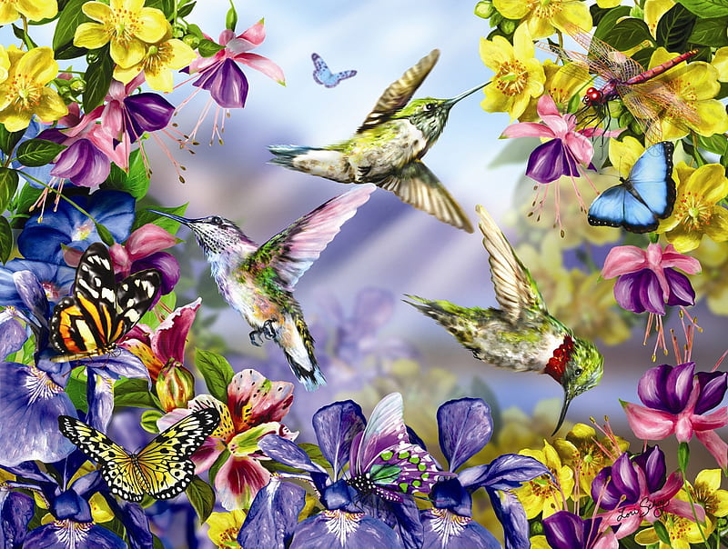 Butterflies and hummingbirds, colorful, art, lori schory, luminos, pasare, humming-bird, butterfly, bird, painting, summer, flower, garden, colibri, pictura, HD wallpaper