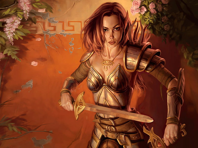 Fantasy Warrior action, cg, digital art, woman, fantasy, warrior, girl, lady, sword, HD wallpaper