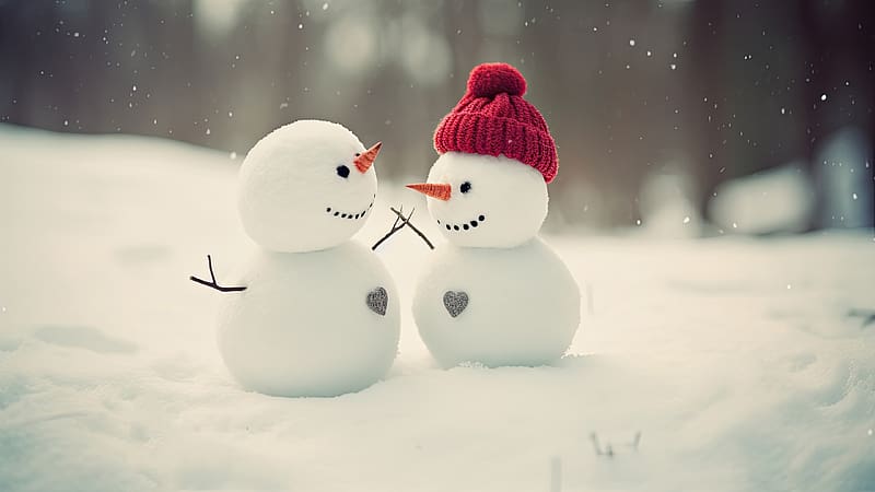Snowmen, white, red, iarna, snow, couple, hat, winter, craciun, snowman, christmas, HD wallpaper