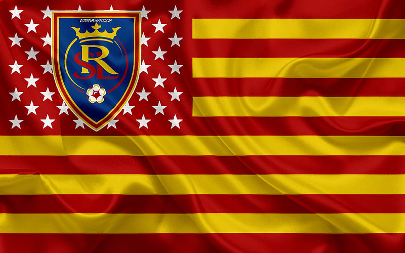 Real Salt Lake, American soccer club, American flag, red yellow flag, MLS, Salt Lake City, Utah, USA, logo, emblem, Major League Soccer, silk flag, soccer, football, HD wallpaper