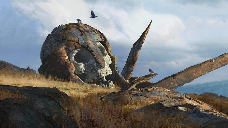 giant skull, raven, clouds, ruins, Fantasy, HD wallpaper