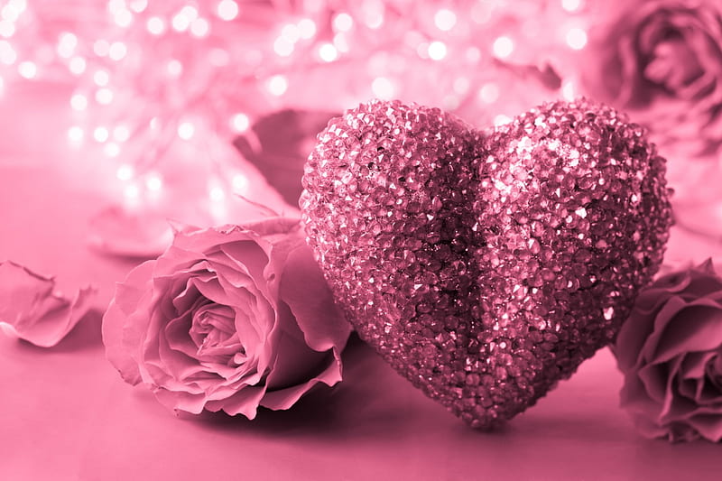 Pink Heart And Roses, bokeh, love, heart, roses, pink, HD wallpaper
