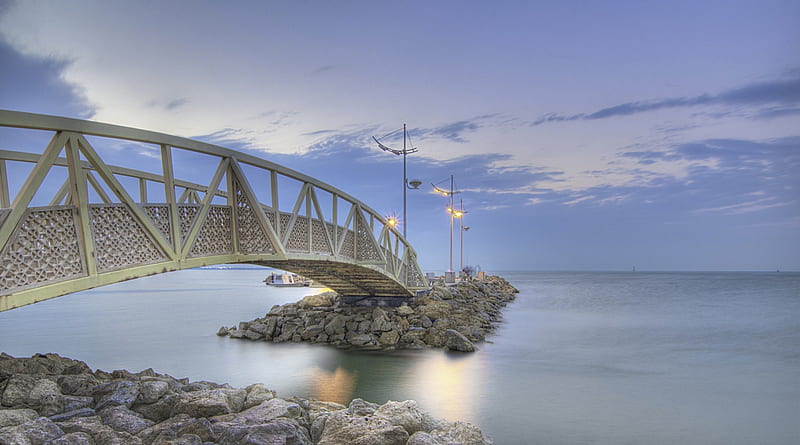 arched metal bridge to a stone pier, shore, bridge, pier, sotnes, sea, HD wallpaper