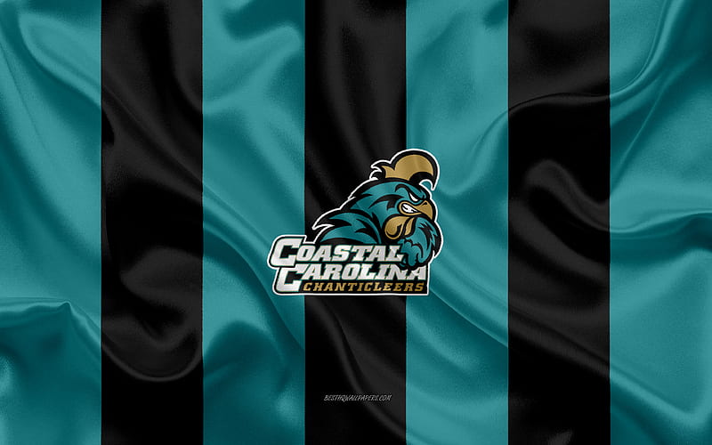 Coastal Carolina Chanticleers, American football team, emblem, silk flag, turquoise black silk texture, NCAA, Coastal Carolina Chanticleers logo, Conway, South Carolina, USA, American football, HD wallpaper