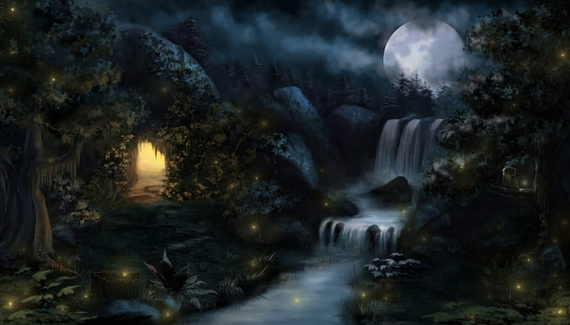 FULL MOON, CAVE, CLOUDS, MOON, WATERFALL, NIGHT, FOREST, HD wallpaper