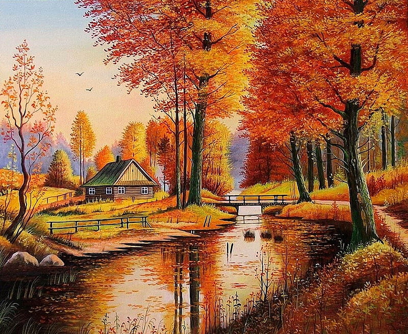 Autumn on the Creek, house, creek, water, trees, autumn, HD wallpaper ...