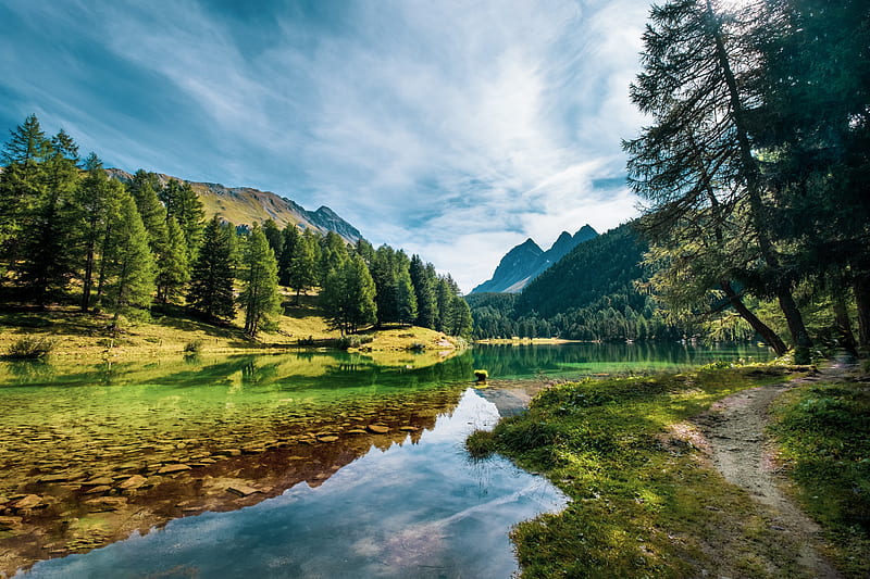 lake, mountains, trees, spruce, water, HD wallpaper