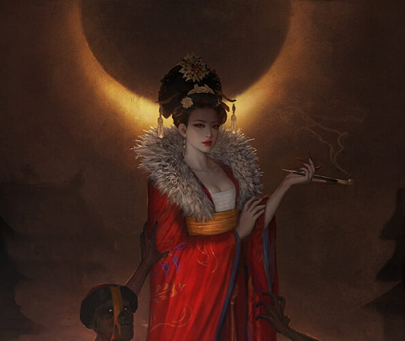 Wu Zetian, red, art, moon, luminos, superb, moon, fantasy, girl, dark, asian, ciko k, empress, gorgeous, HD wallpaper