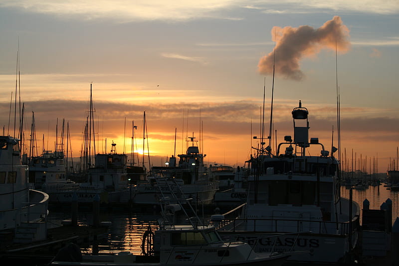 Fishermans Landing ,San Diego, boats, sunrise, morning, fishing, HD wallpaper