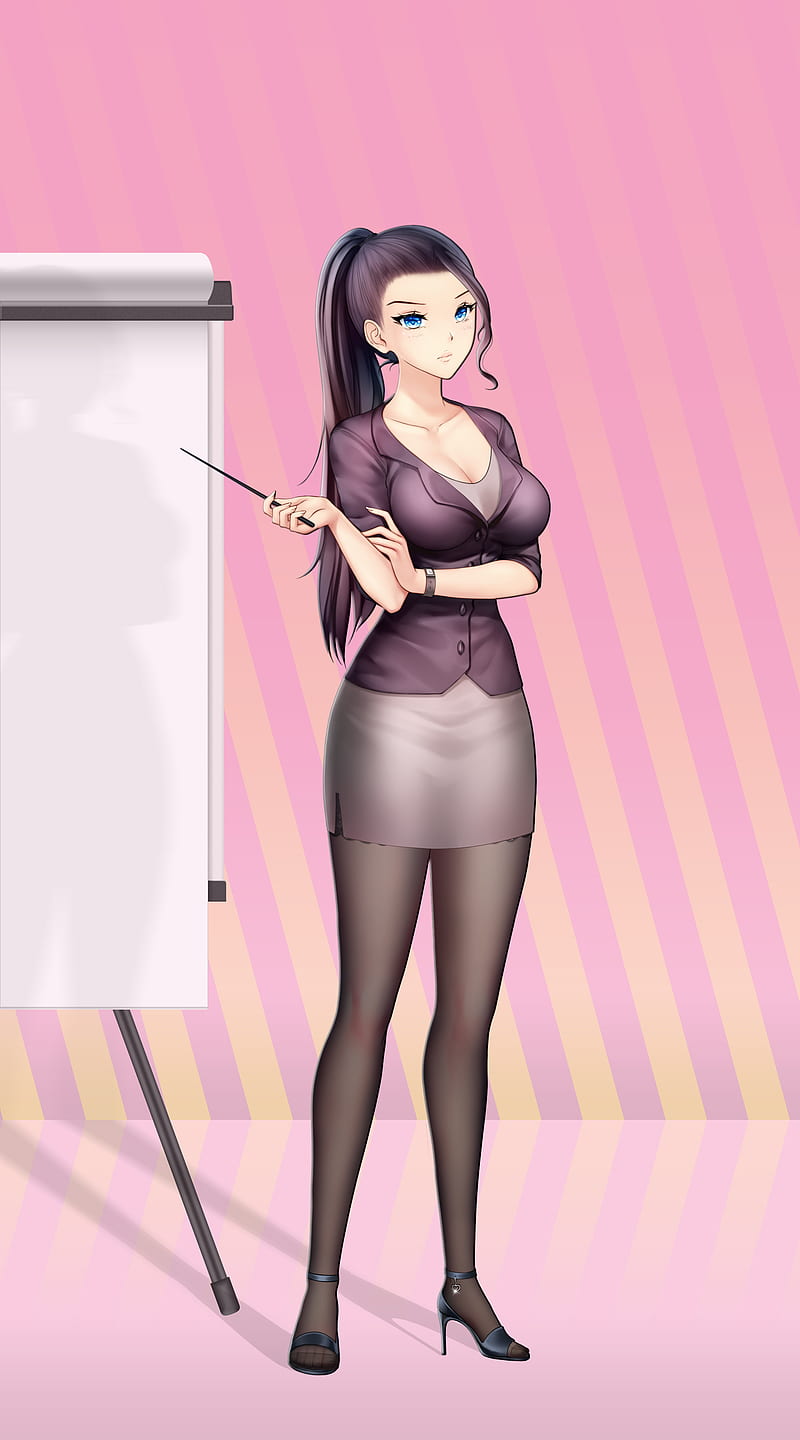 office girl, anime, nylon stockings, skirt, blouse, ponytail, HD phone wallpaper