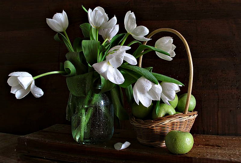 White Tulips, with love, pretty, vase, bonito, drops, still life ...