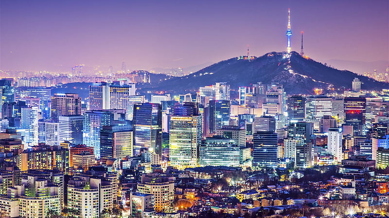Beautiful city night, seoul, Korea, buildings, houses, tower, lights ,, Korea in Winter, HD wallpaper