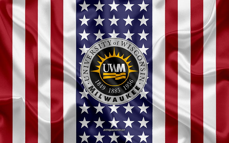 University of Wisconsin-Milwaukee Emblem, American Flag, University of Wisconsin-Milwaukee logo, Milwaukee, Wisconsin, USA, University of Wisconsin-Milwaukee, HD wallpaper