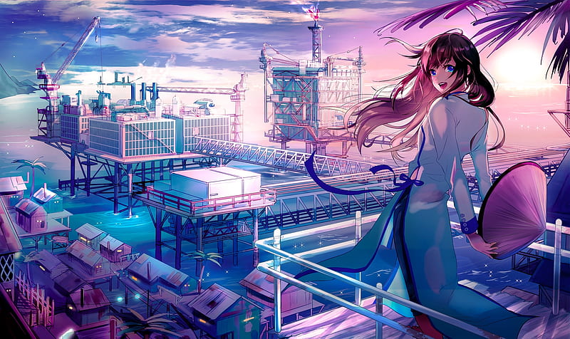 anime girl, big smile, scenic, harbor, sunset, umbrella, Anime, HD wallpaper