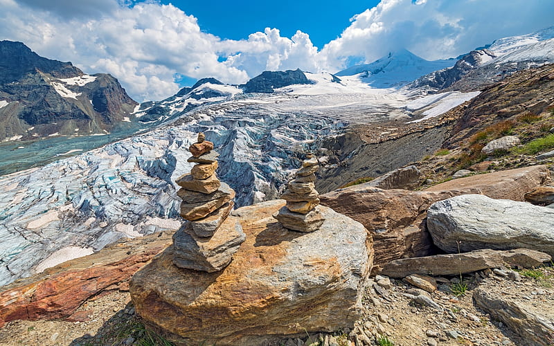Glacier and Piles of Stone, rocks, stones, glacier, mountains, HD wallpaper