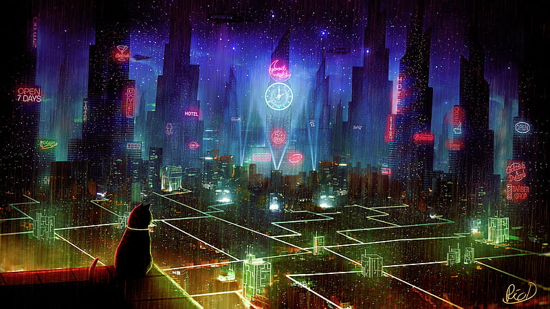 cyberpunk city, neon, cat, hotel, raining, towers, skyscrapers, Fantasy, HD wallpaper