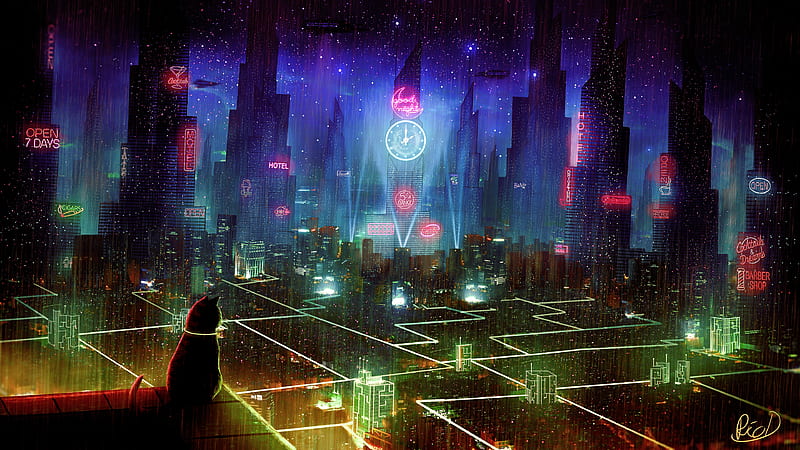 Download wallpaper 1366x768 cat, roof, city, neon lights, metropolis,  future, cyberpunk tablet, laptop hd background