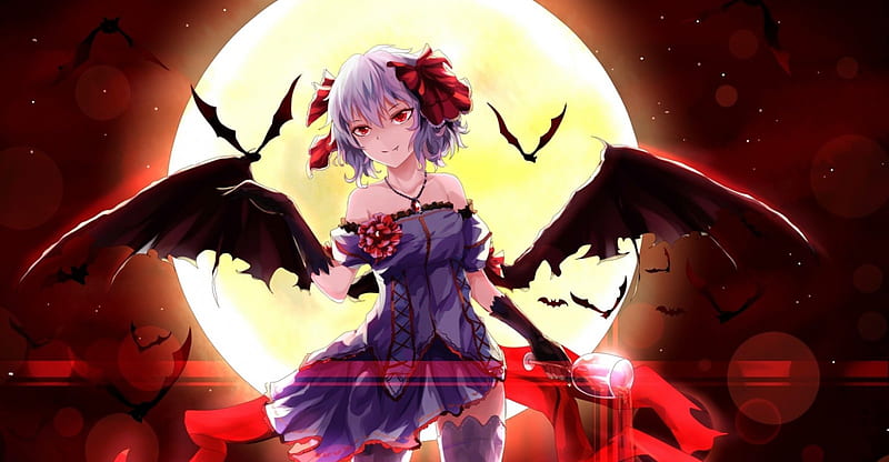 Lady Vampire, red, dress, bonito, moon, anime, bat, beauty, anime girl,  vampire, HD wallpaper | Peakpx