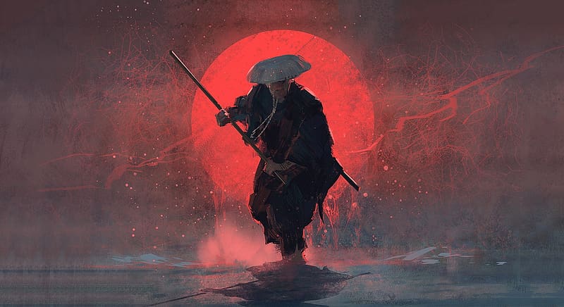 Fantasy, Moon, Warrior, Samurai, Oriental, HD wallpaper