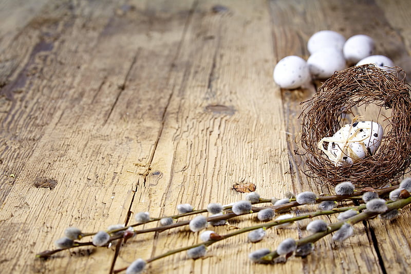 Easter Time, decorarion, willow twig, eggs, spring, easter, wood, HD wallpaper