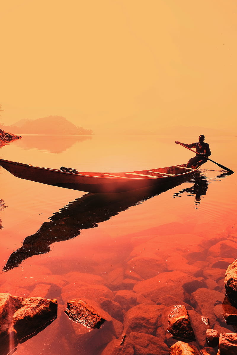 boat, man, sunset, sea, HD phone wallpaper